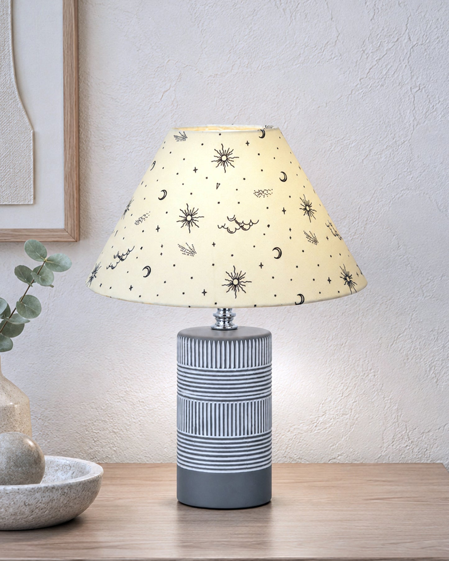 Homesake® Artisan Grey Ribbed Ceramic Table Lamp with Fabric Shade | Decorative Bedside Nightstand Lamp for Bedroom, Living Room, Study & Home Office | Modern E27 Table Light