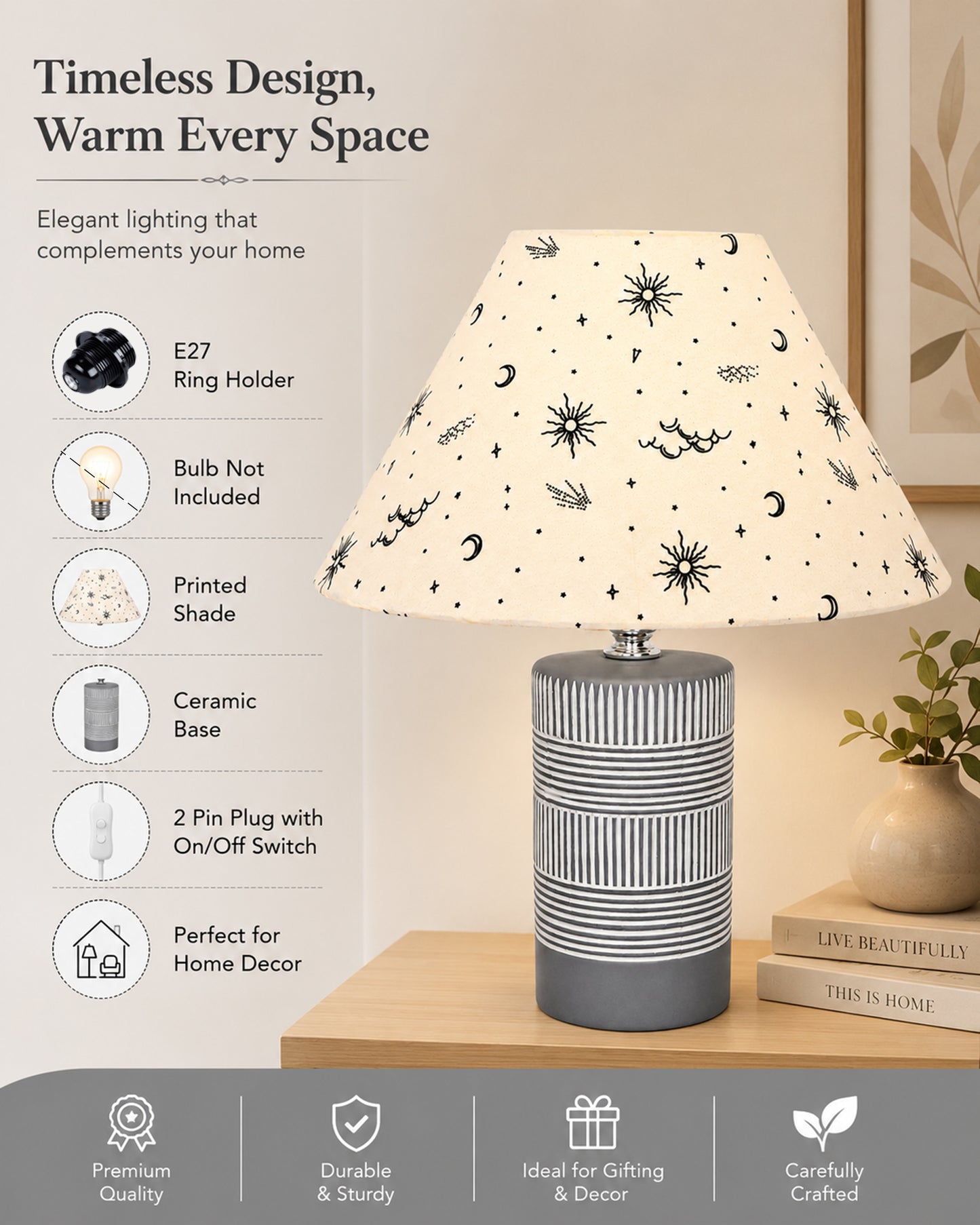 Homesake® Artisan Grey Ribbed Ceramic Table Lamp with Fabric Shade | Decorative Bedside Nightstand Lamp for Bedroom, Living Room, Study & Home Office | Modern E27 Table Light