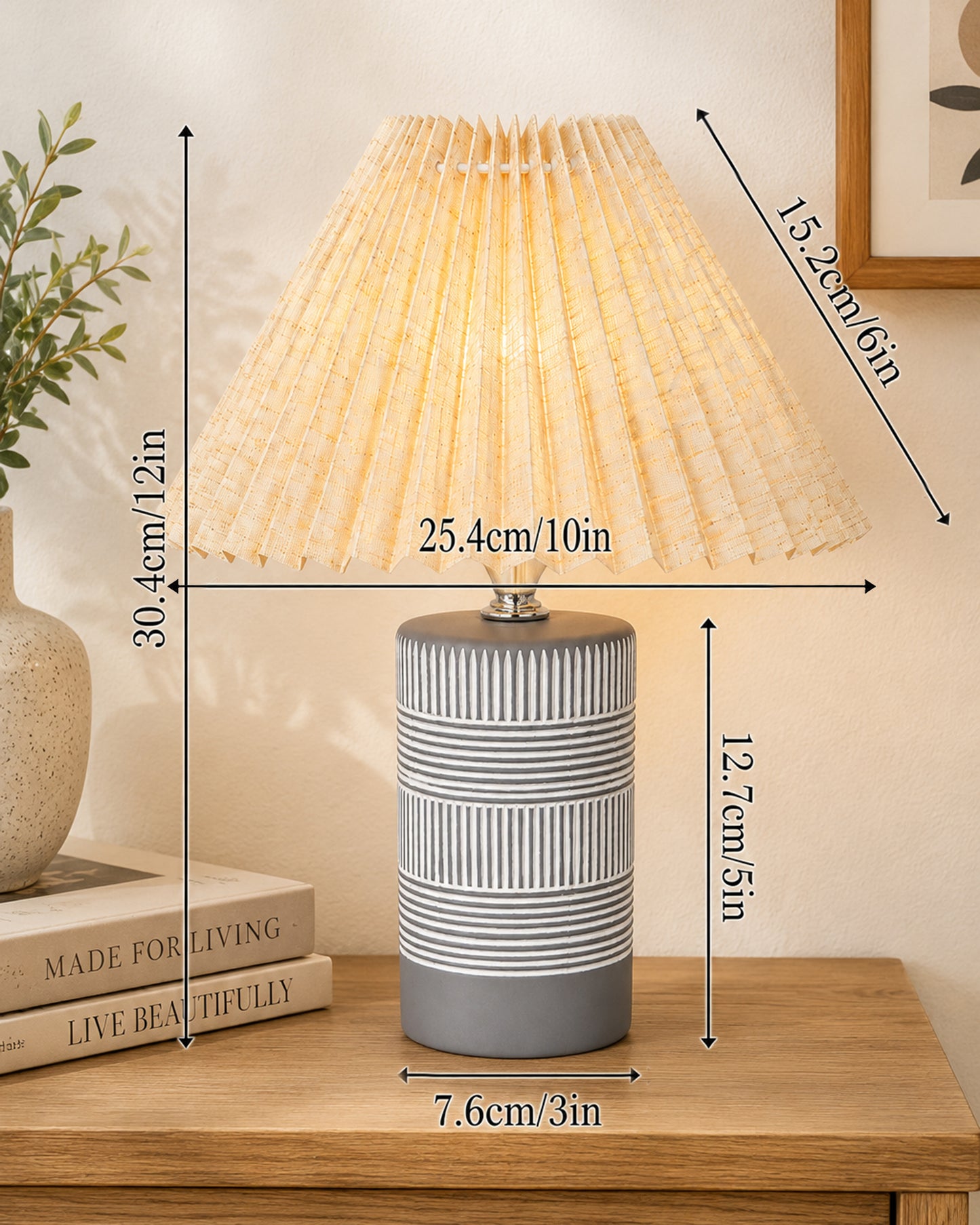 Homesake® Artisan Grey Ribbed Ceramic Table Lamp with Fabric Shade | Decorative Bedside Nightstand Lamp for Bedroom, Living Room, Study & Home Office | Modern E27 Table Light