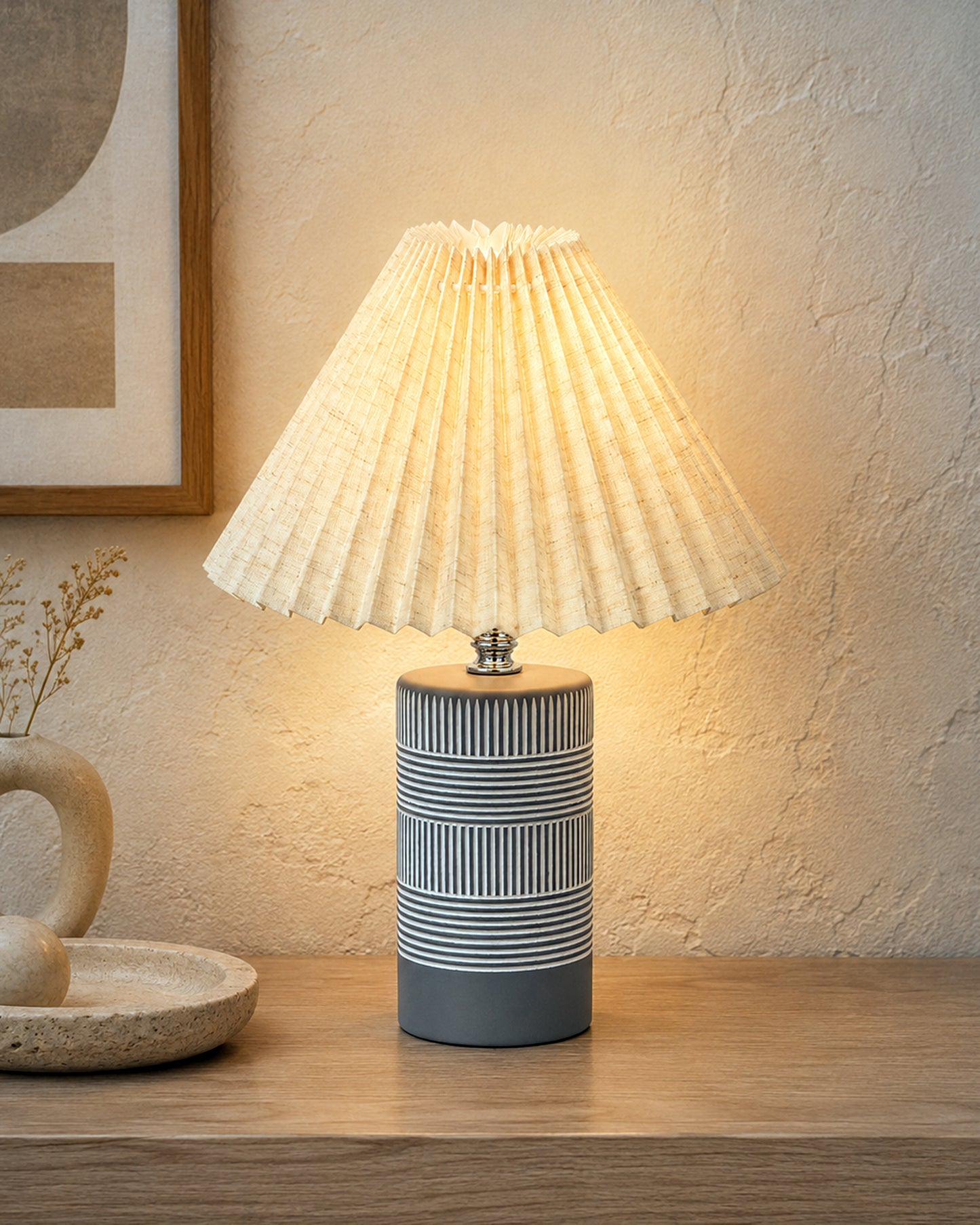 Homesake® Artisan Grey Ribbed Ceramic Table Lamp with Fabric Shade | Decorative Bedside Nightstand Lamp for Bedroom, Living Room, Study & Home Office | Modern E27 Table Light