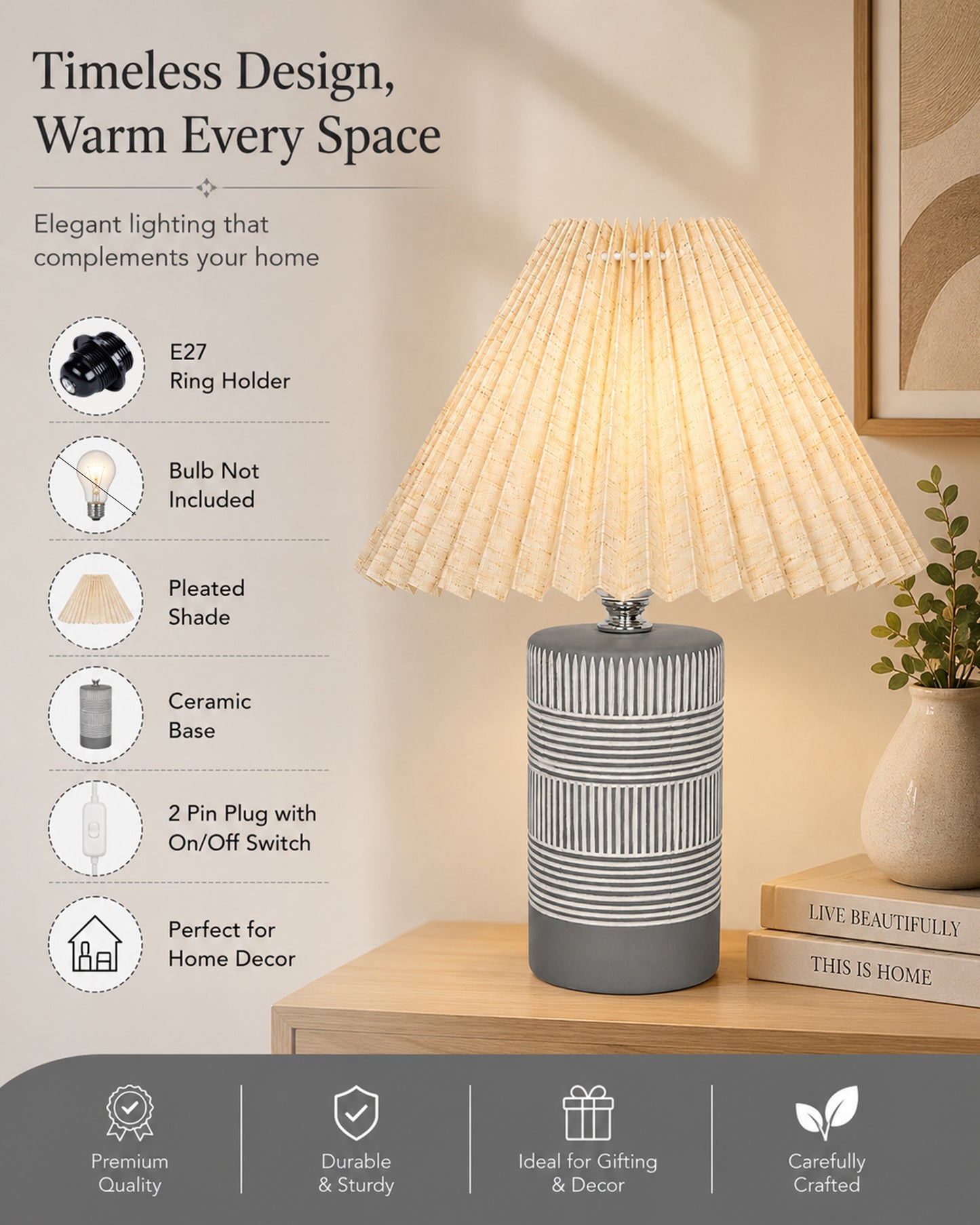 Homesake® Artisan Grey Ribbed Ceramic Table Lamp with Fabric Shade | Decorative Bedside Nightstand Lamp for Bedroom, Living Room, Study & Home Office | Modern E27 Table Light