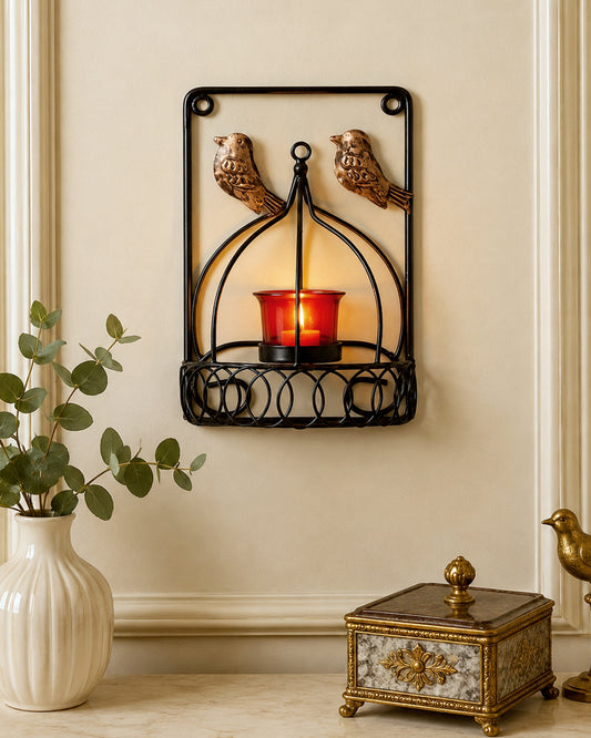 Iron Wall Mounted Tealight Candle Holder with Birds, Vintage Metal Wall Sconce, Decorative Hanging Votive Candle Stand for Living Room, Bedroom, Hallway & Home Décor