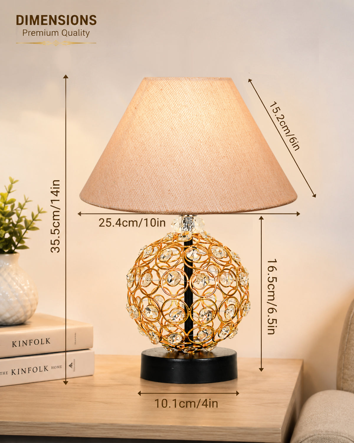 Homesake® Luxury Gold Crystal Table Lamp with Fabric Shade | Modern Bedside Nightstand Lamp for Living Room, Bedroom & Home Décor