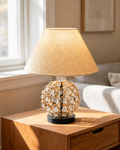 Homesake® Luxury Gold Crystal Table Lamp with Fabric Shade | Modern Bedside Nightstand Lamp for Living Room, Bedroom & Home Décor