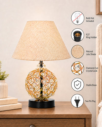 Homesake® Luxury Gold Crystal Table Lamp with Fabric Shade | Modern Bedside Nightstand Lamp for Living Room, Bedroom & Home Décor