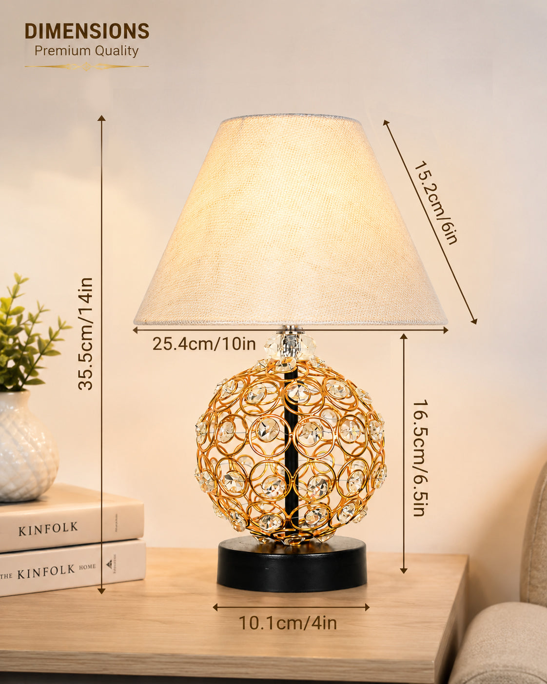 Homesake® Luxury Gold Crystal Table Lamp with Fabric Shade | Modern Bedside Nightstand Lamp for Living Room, Bedroom & Home Décor