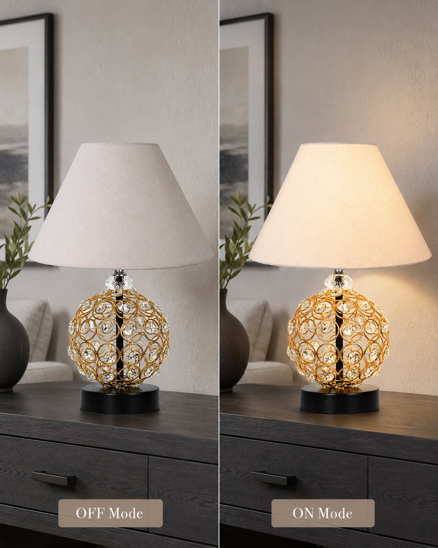 Homesake® Luxury Gold Crystal Table Lamp with Fabric Shade | Modern Bedside Nightstand Lamp for Living Room, Bedroom & Home Décor