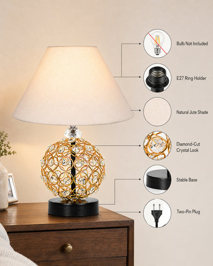Homesake® Luxury Gold Crystal Table Lamp with Fabric Shade | Modern Bedside Nightstand Lamp for Living Room, Bedroom & Home Décor