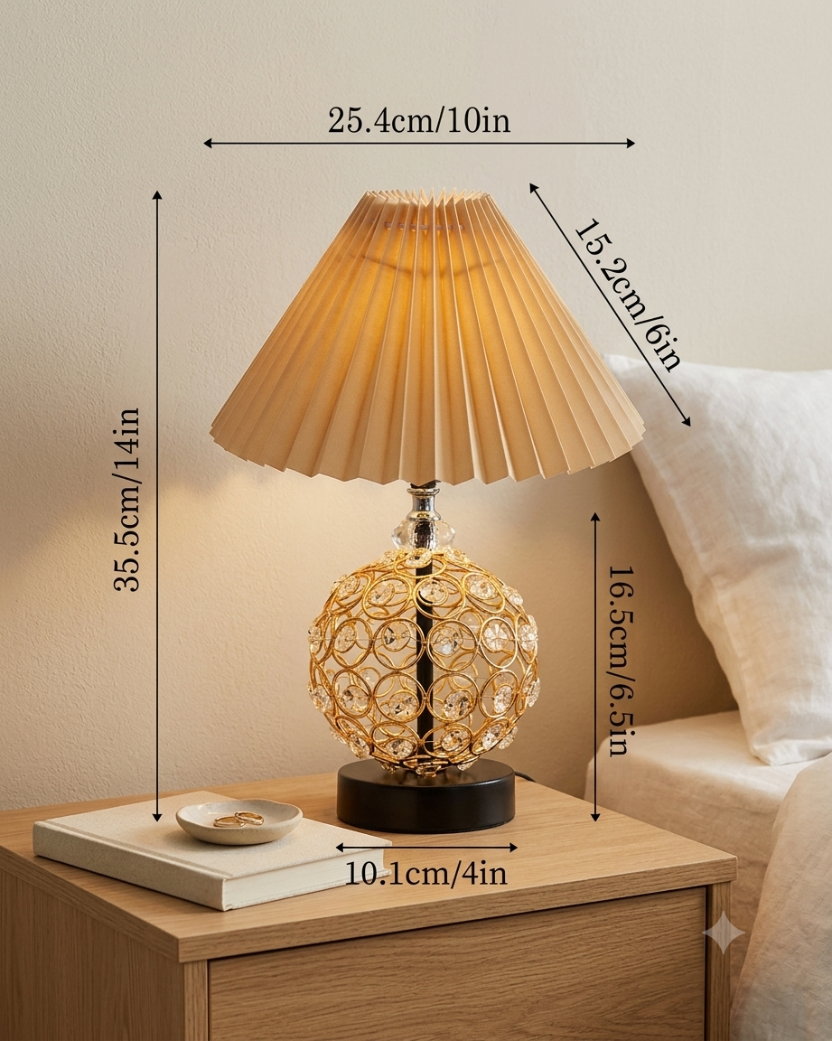 Homesake® Luxury Gold Crystal Table Lamp with Fabric Shade | Modern Bedside Nightstand Lamp for Living Room, Bedroom & Home Décor