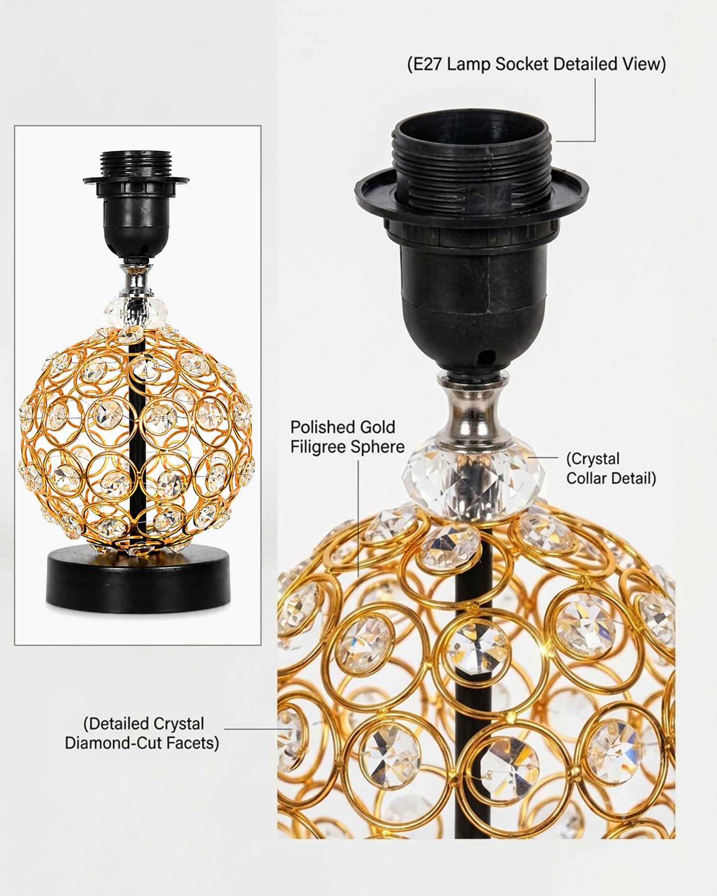 Homesake® Luxury Gold Crystal Table Lamp with Fabric Shade | Modern Bedside Nightstand Lamp for Living Room, Bedroom & Home Décor
