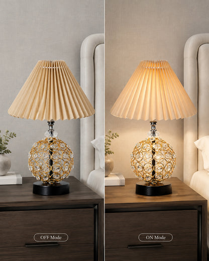 Homesake® Luxury Gold Crystal Table Lamp with Fabric Shade | Modern Bedside Nightstand Lamp for Living Room, Bedroom & Home Décor