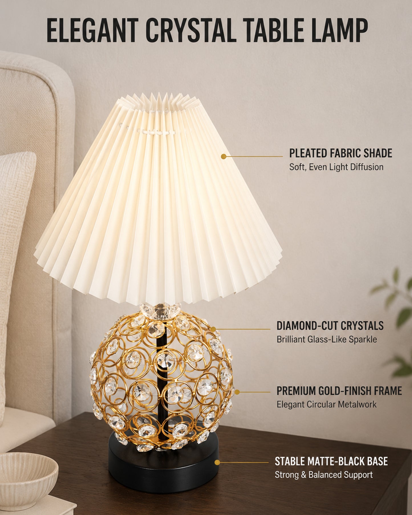 Homesake® Luxury Gold Crystal Table Lamp with Fabric Shade | Modern Bedside Nightstand Lamp for Living Room, Bedroom & Home Décor