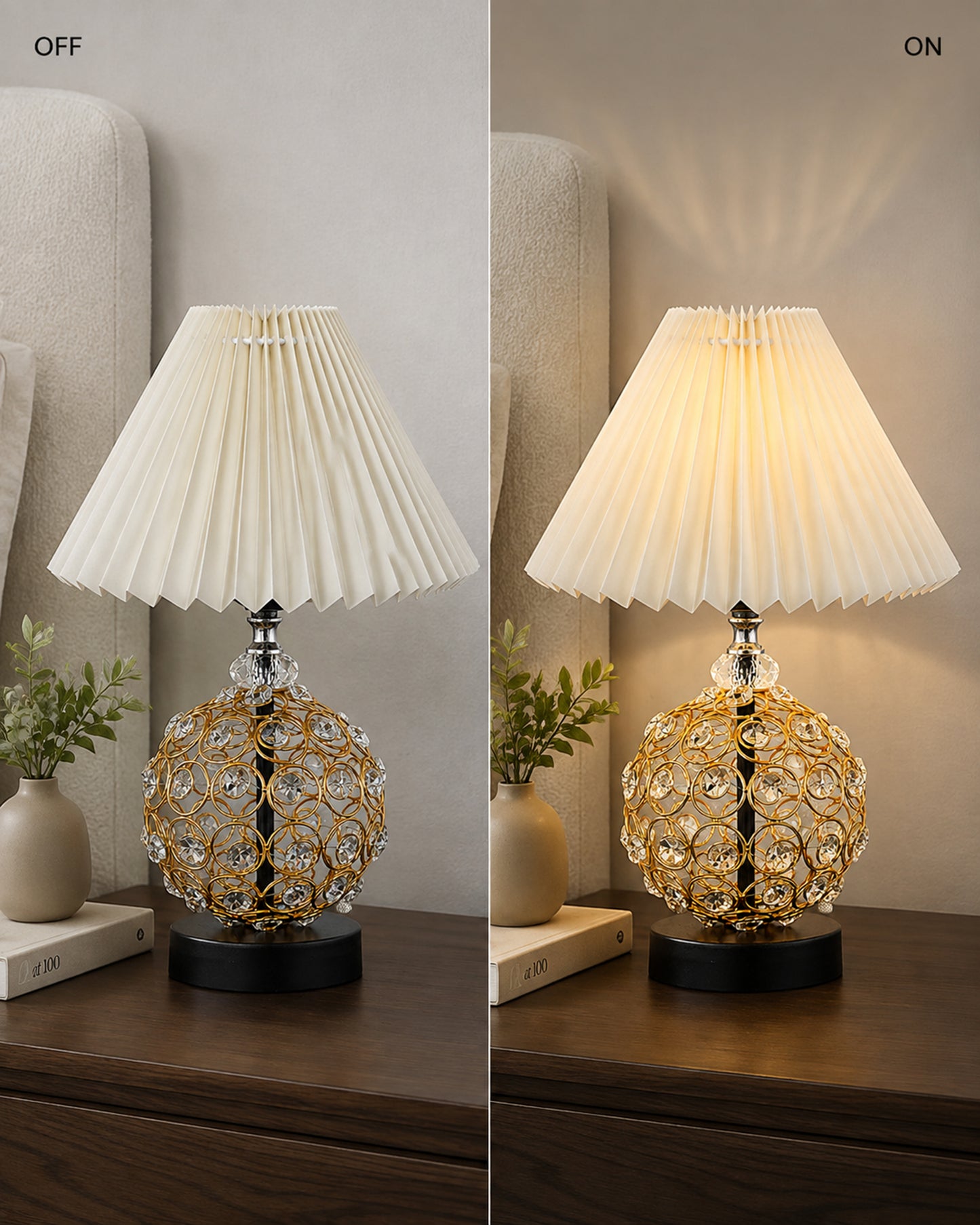 Homesake® Luxury Gold Crystal Table Lamp with Fabric Shade | Modern Bedside Nightstand Lamp for Living Room, Bedroom & Home Décor