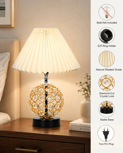 Homesake® Luxury Gold Crystal Table Lamp with Fabric Shade | Modern Bedside Nightstand Lamp for Living Room, Bedroom & Home Décor