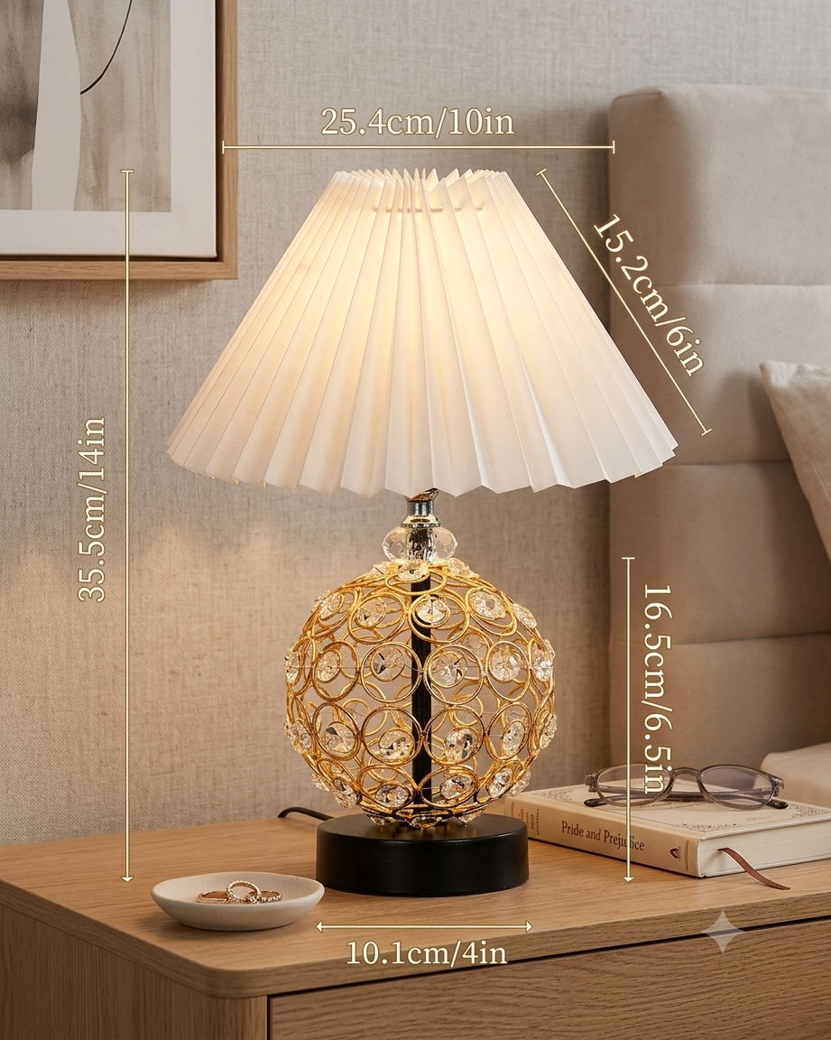Homesake® Luxury Gold Crystal Table Lamp with Fabric Shade | Modern Bedside Nightstand Lamp for Living Room, Bedroom & Home Décor