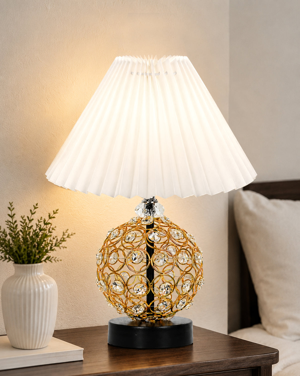 Homesake® Luxury Gold Crystal Table Lamp with Fabric Shade | Modern Bedside Nightstand Lamp for Living Room, Bedroom & Home Décor