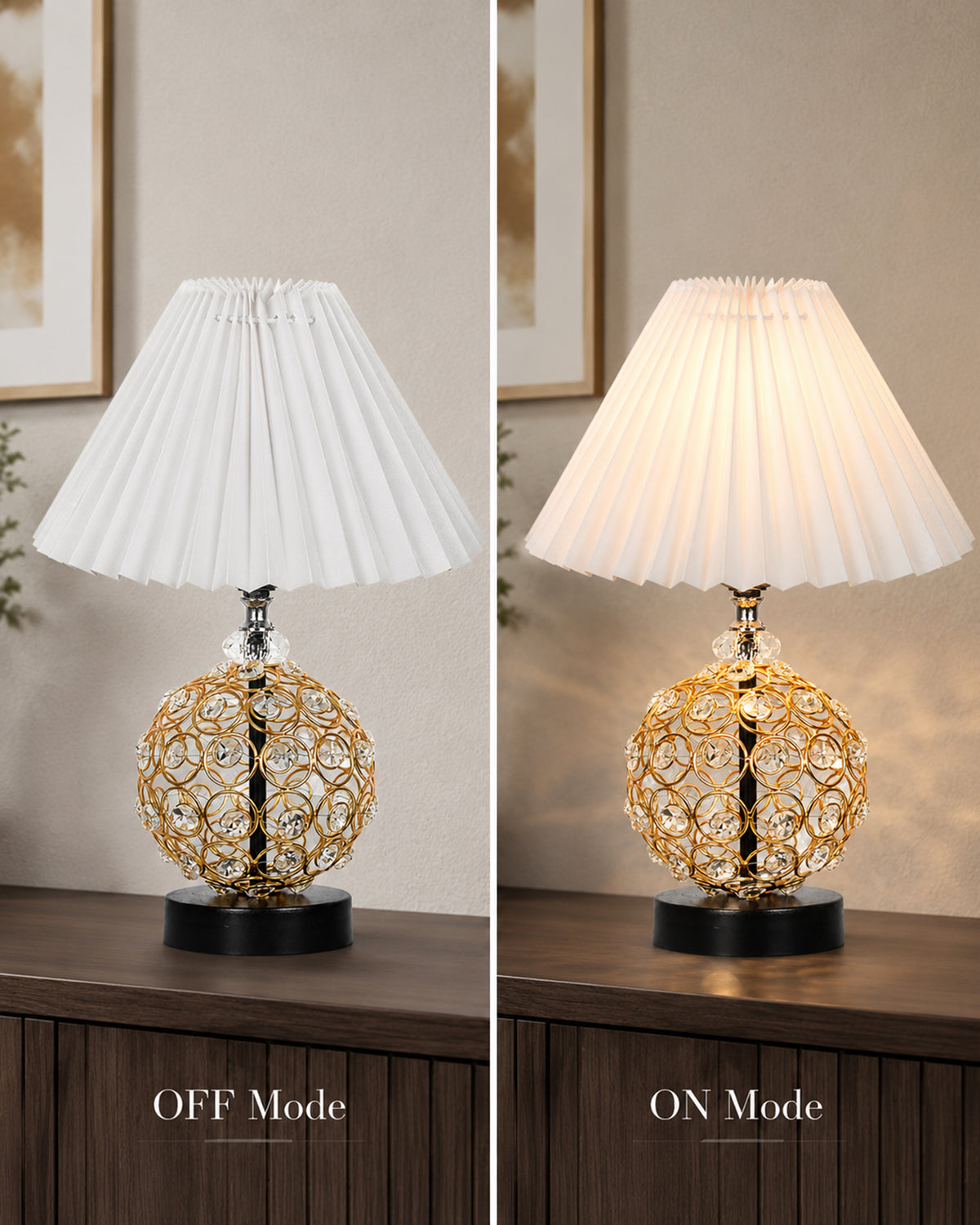 Homesake® Luxury Gold Crystal Table Lamp with Fabric Shade | Modern Bedside Nightstand Lamp for Living Room, Bedroom & Home Décor