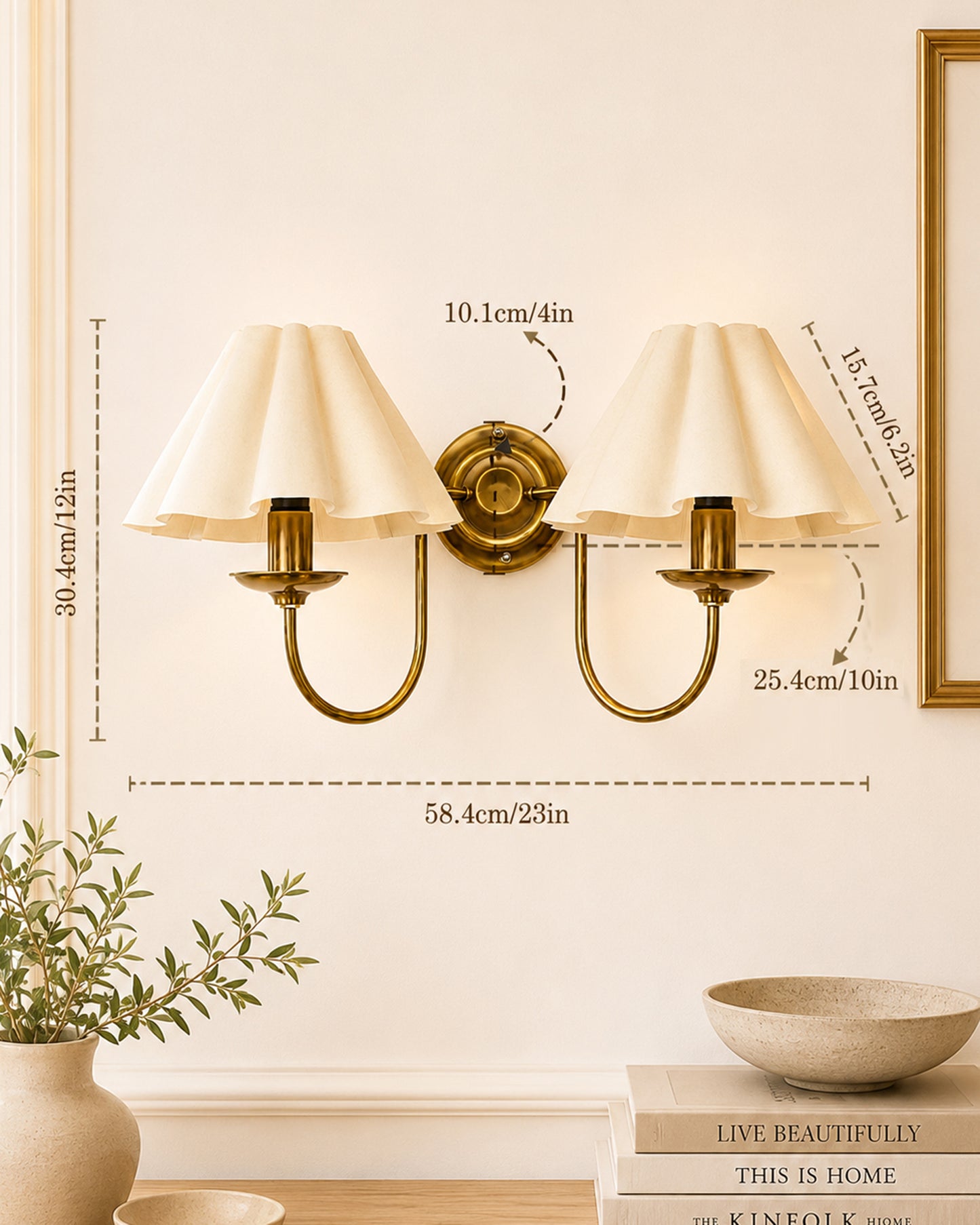 Homesake® Brass Gold Double Wall Light with Pleated Fabric Shades, Modern Luxury Metal Wall Sconce for Bedroom, Living Room, Hallway, Hotel, E27 Wall Lamp, Decorative Indoor Wall Lighting