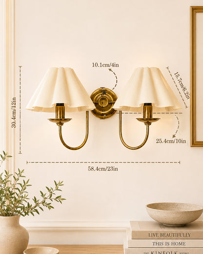 Homesake® Brass Gold Double Wall Light with Pleated Fabric Shades, Modern Luxury Metal Wall Sconce for Bedroom, Living Room, Hallway, Hotel, E27 Wall Lamp, Decorative Indoor Wall Lighting