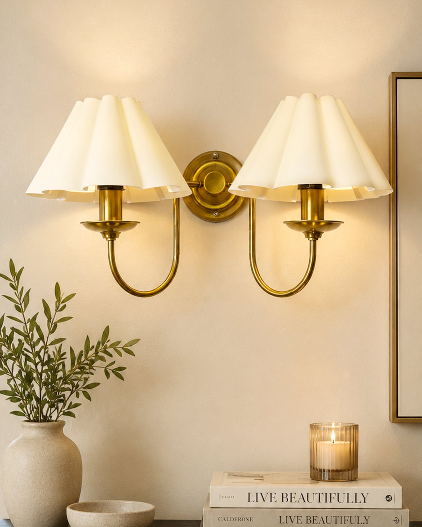 Homesake® Brass Gold Double Wall Light with Pleated Fabric Shades, Modern Luxury Metal Wall Sconce for Bedroom, Living Room, Hallway, Hotel, E27 Wall Lamp, Decorative Indoor Wall Lighting