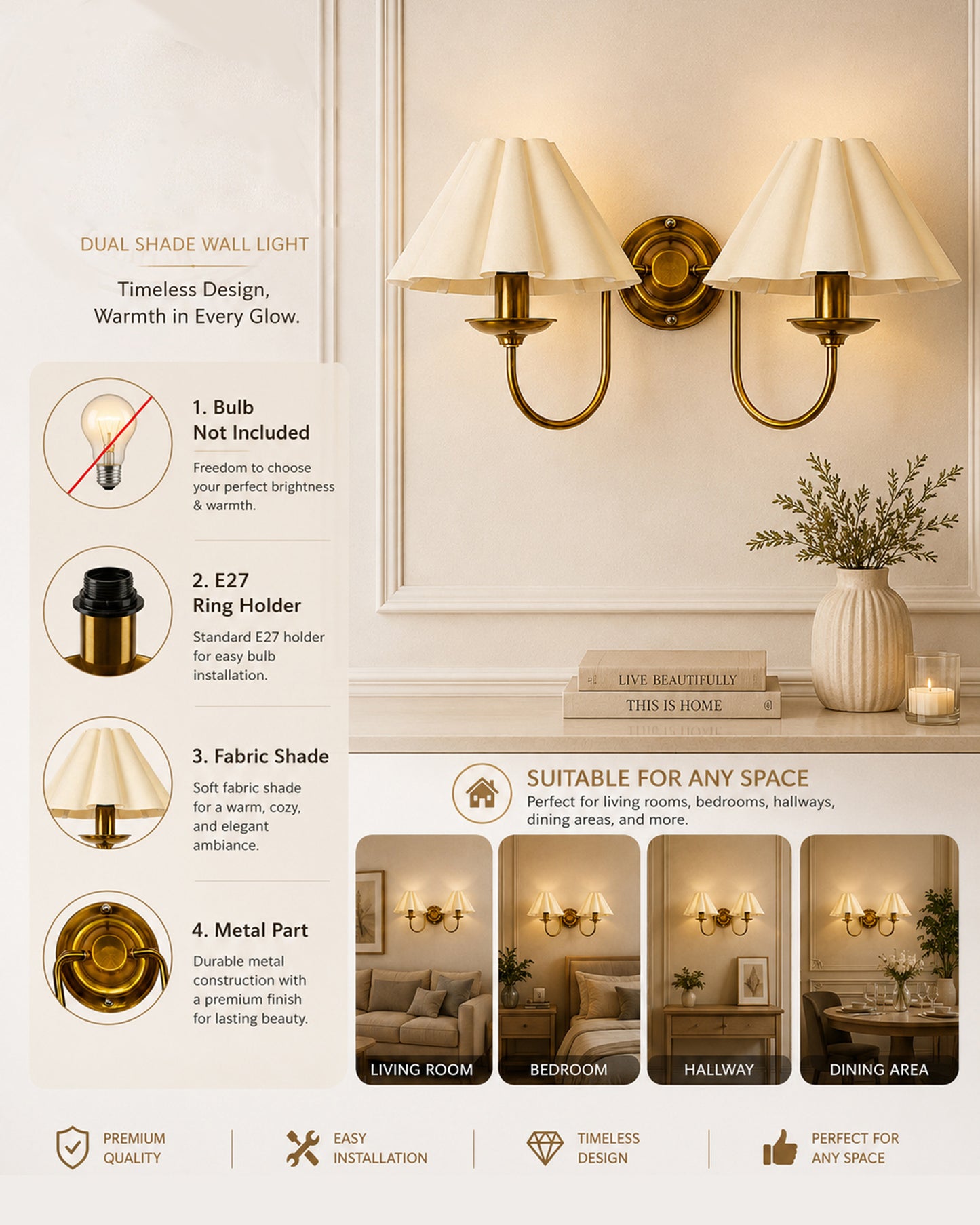 Homesake® Brass Gold Double Wall Light with Pleated Fabric Shades, Modern Luxury Metal Wall Sconce for Bedroom, Living Room, Hallway, Hotel, E27 Wall Lamp, Decorative Indoor Wall Lighting