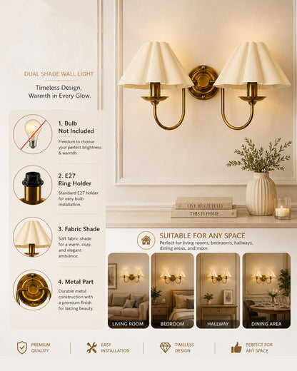 Homesake® Brass Gold Double Wall Light with Pleated Fabric Shades, Modern Luxury Metal Wall Sconce for Bedroom, Living Room, Hallway, Hotel, E27 Wall Lamp, Decorative Indoor Wall Lighting