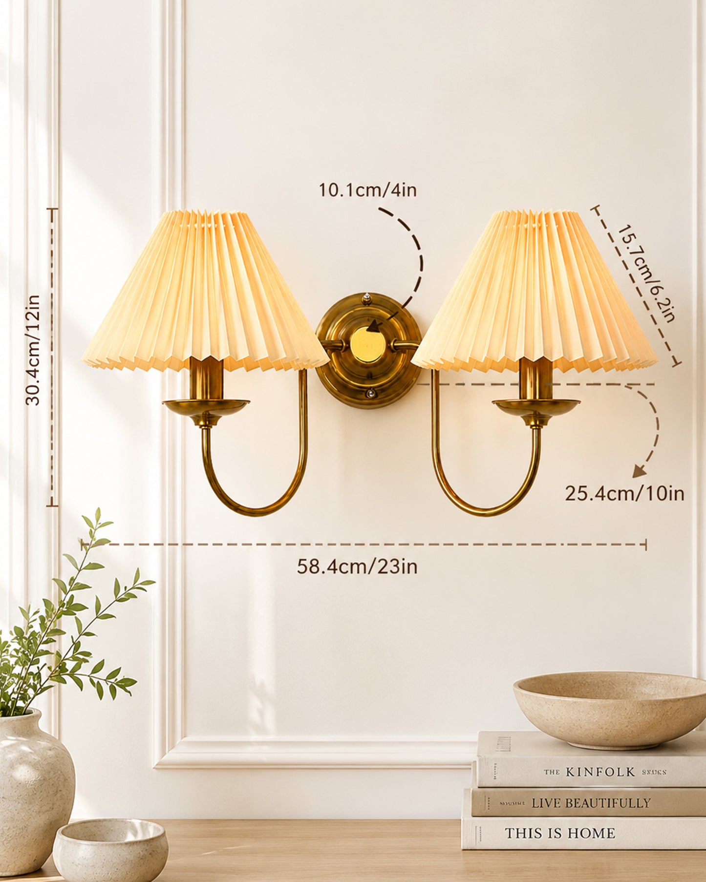 Homesake® Brass Gold Double Wall Light with Pleated Fabric Shades, Modern Luxury Metal Wall Sconce for Bedroom, Living Room, Hallway, Hotel, E27 Wall Lamp, Decorative Indoor Wall Lighting