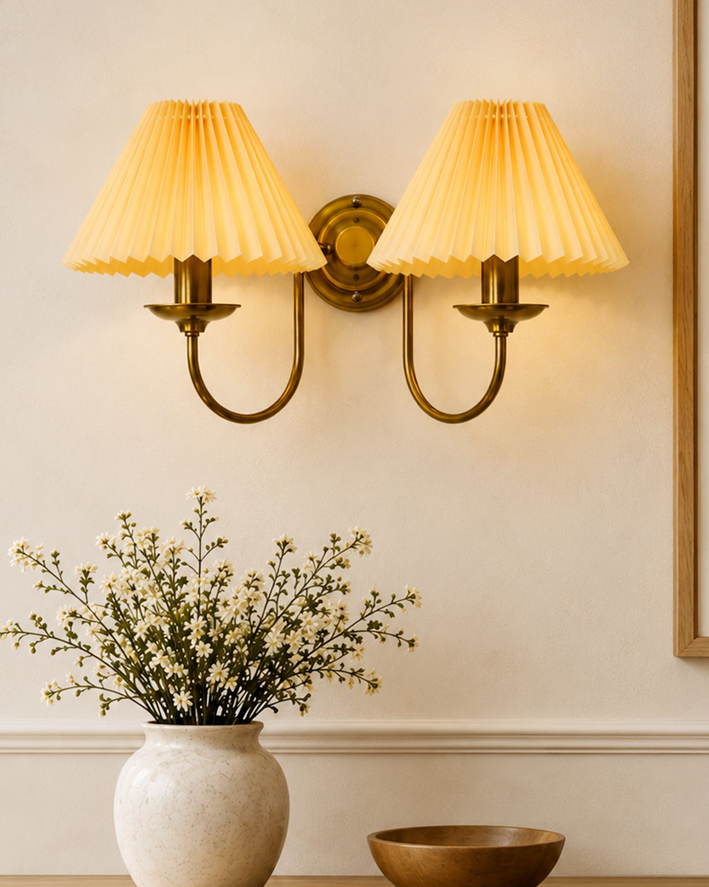 Homesake® Brass Gold Double Wall Light with Pleated Fabric Shades, Modern Luxury Metal Wall Sconce for Bedroom, Living Room, Hallway, Hotel, E27 Wall Lamp, Decorative Indoor Wall Lighting