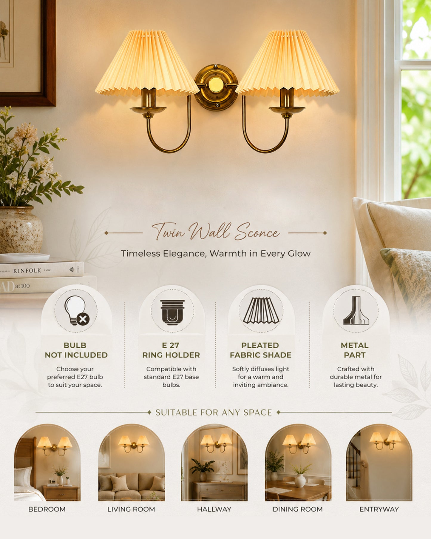 Homesake® Brass Gold Double Wall Light with Pleated Fabric Shades, Modern Luxury Metal Wall Sconce for Bedroom, Living Room, Hallway, Hotel, E27 Wall Lamp, Decorative Indoor Wall Lighting