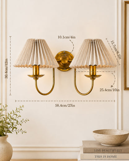 Homesake® Brass Gold Double Wall Light with Pleated Fabric Shades, Modern Luxury Metal Wall Sconce for Bedroom, Living Room, Hallway, Hotel, E27 Wall Lamp, Decorative Indoor Wall Lighting