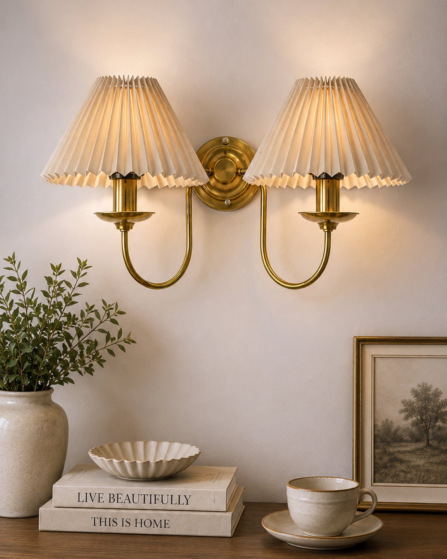 Homesake® Brass Gold Double Wall Light with Pleated Fabric Shades, Modern Luxury Metal Wall Sconce for Bedroom, Living Room, Hallway, Hotel, E27 Wall Lamp, Decorative Indoor Wall Lighting
