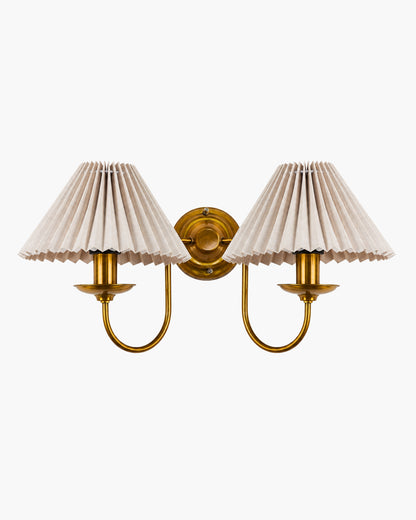 Homesake® Brass Gold Double Wall Light with Pleated Fabric Shades, Modern Luxury Metal Wall Sconce for Bedroom, Living Room, Hallway, Hotel, E27 Wall Lamp, Decorative Indoor Wall Lighting