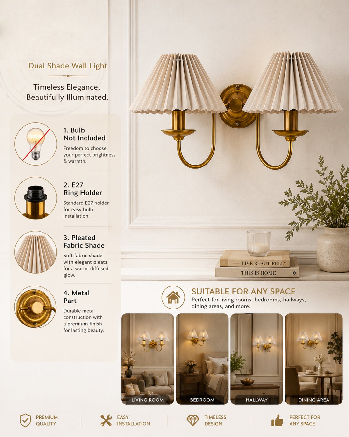 Homesake® Brass Gold Double Wall Light with Pleated Fabric Shades, Modern Luxury Metal Wall Sconce for Bedroom, Living Room, Hallway, Hotel, E27 Wall Lamp, Decorative Indoor Wall Lighting
