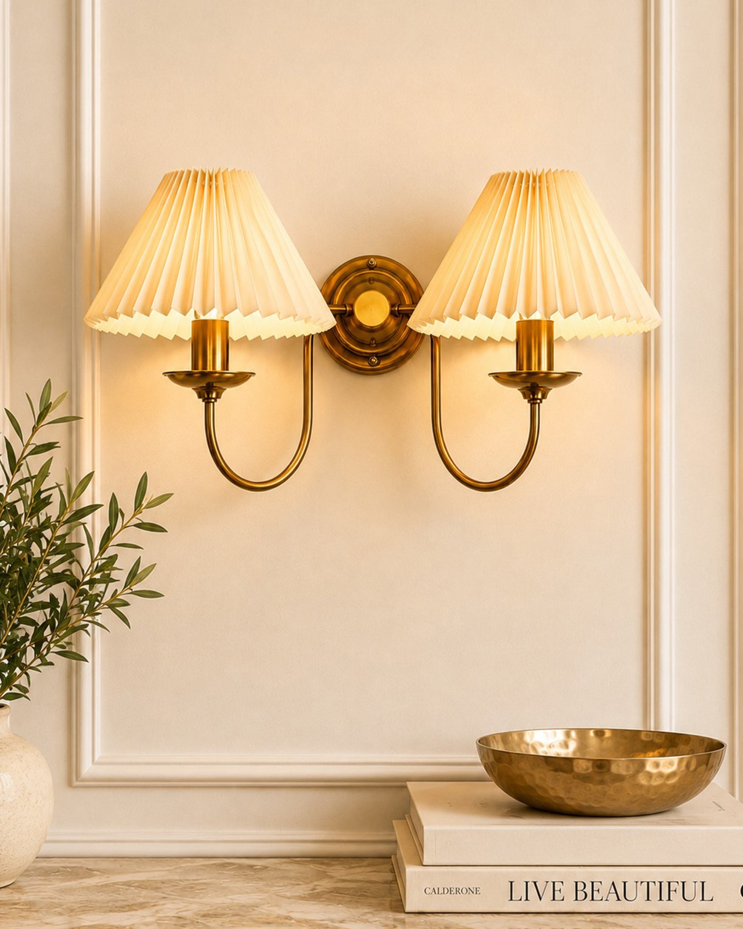 Homesake® Brass Gold Double Wall Light with Pleated Fabric Shades, Modern Luxury Metal Wall Sconce for Bedroom, Living Room, Hallway, Hotel, E27 Wall Lamp, Decorative Indoor Wall Lighting