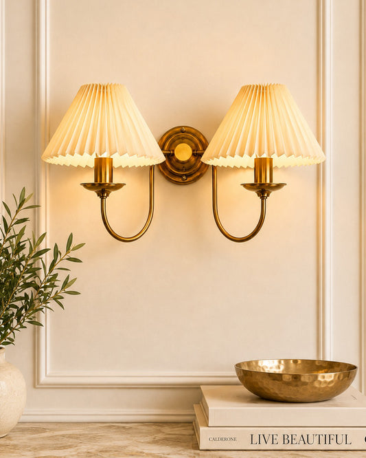 Homesake® Brass Gold Double Wall Light with Pleated Fabric Shades, Modern Luxury Metal Wall Sconce for Bedroom, Living Room, Hallway, Hotel, E27 Wall Lamp, Decorative Indoor Wall Lighting