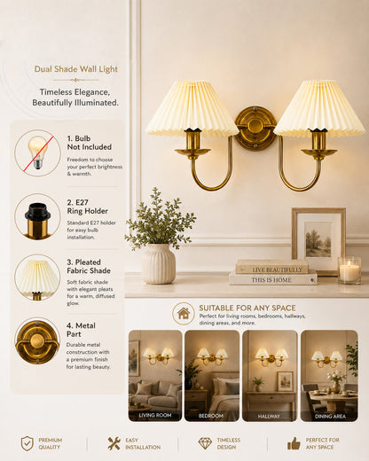 Homesake® Brass Gold Double Wall Light with Pleated Fabric Shades, Modern Luxury Metal Wall Sconce for Bedroom, Living Room, Hallway, Hotel, E27 Wall Lamp, Decorative Indoor Wall Lighting