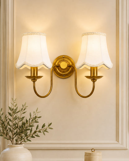 Homesake® Brass Gold Double Wall Light with Pleated Fabric Shades, Modern Luxury Metal Wall Sconce for Bedroom, Living Room, Hallway, Hotel, E27 Wall Lamp, Decorative Indoor Wall Lighting