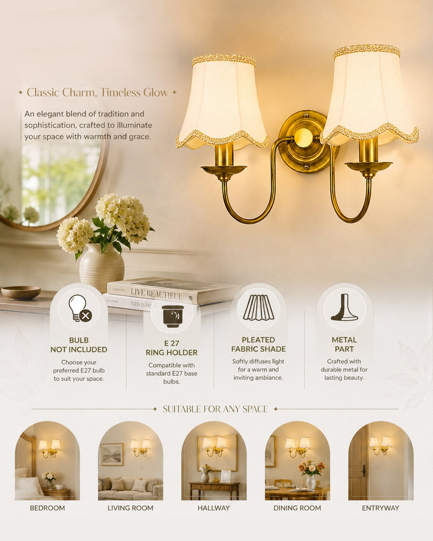 Homesake® Brass Gold Double Wall Light with Pleated Fabric Shades, Modern Luxury Metal Wall Sconce for Bedroom, Living Room, Hallway, Hotel, E27 Wall Lamp, Decorative Indoor Wall Lighting