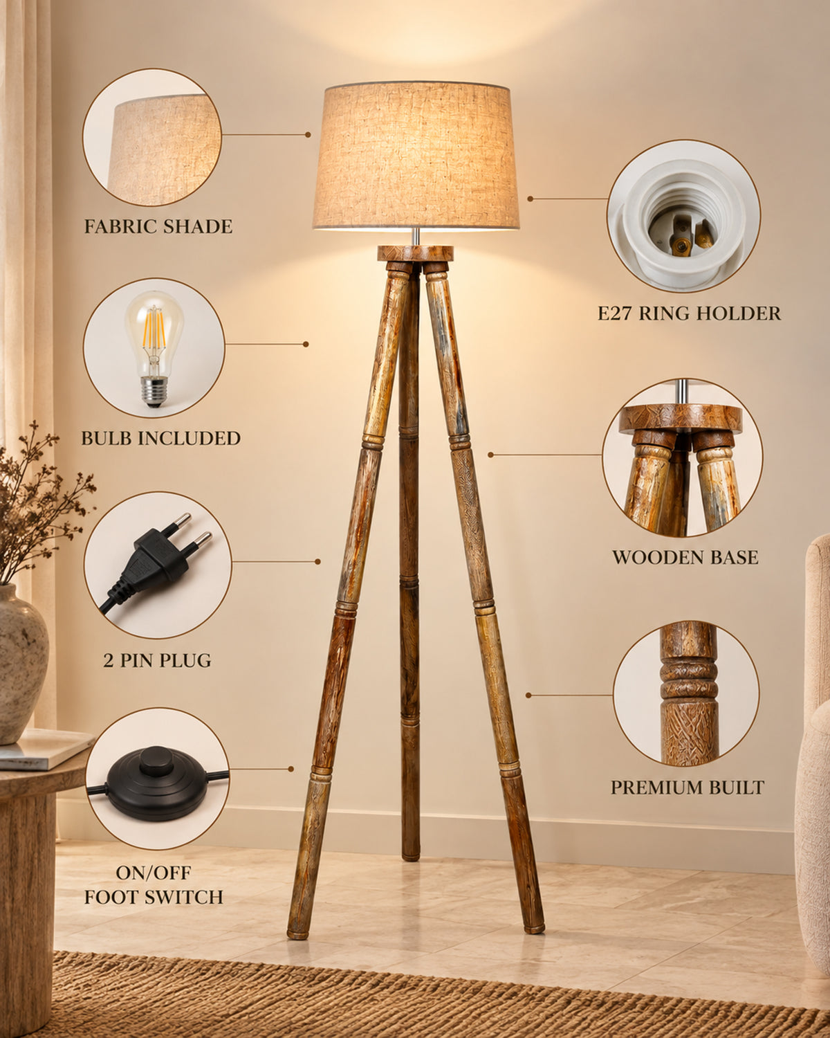 Wood Tripod Floor Lamp, Mid Century Standing Lamp, E27 Lamp Base, With shade Modern Design Floor Reading Lamp for Living Room Bedroom, Study Room and Office