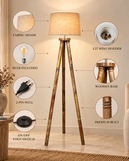 Wood Tripod Floor Lamp, Mid Century Standing Lamp, E27 Lamp Base, With shade Modern Design Floor Reading Lamp for Living Room Bedroom, Study Room and Office