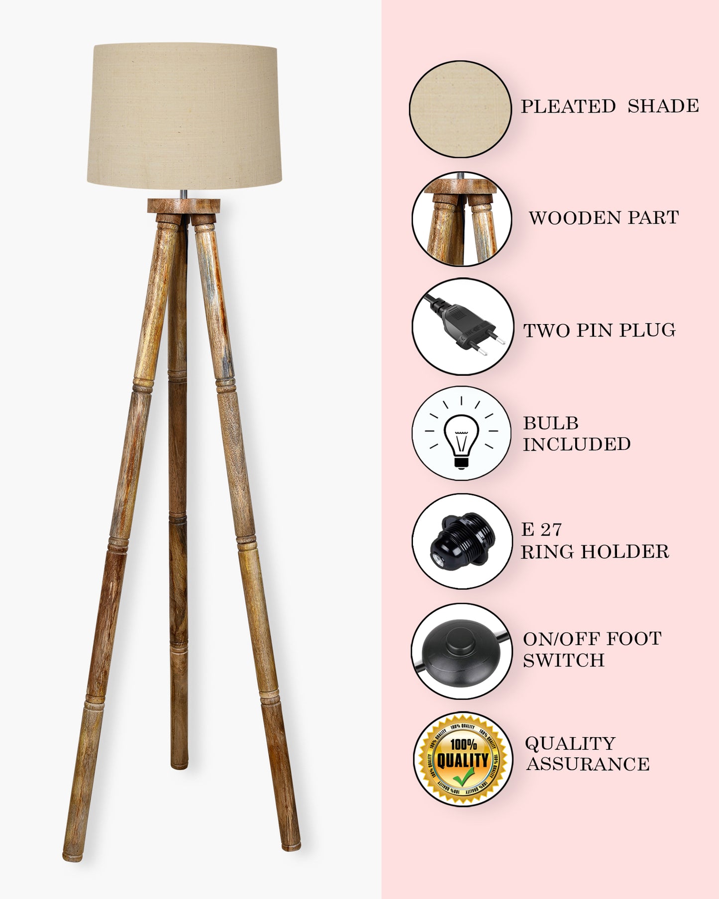 Wood Tripod Floor Lamp, Mid Century Standing Lamp, E27 Lamp Base, With shade Modern Design Floor Reading Lamp for Living Room Bedroom, Study Room and Office
