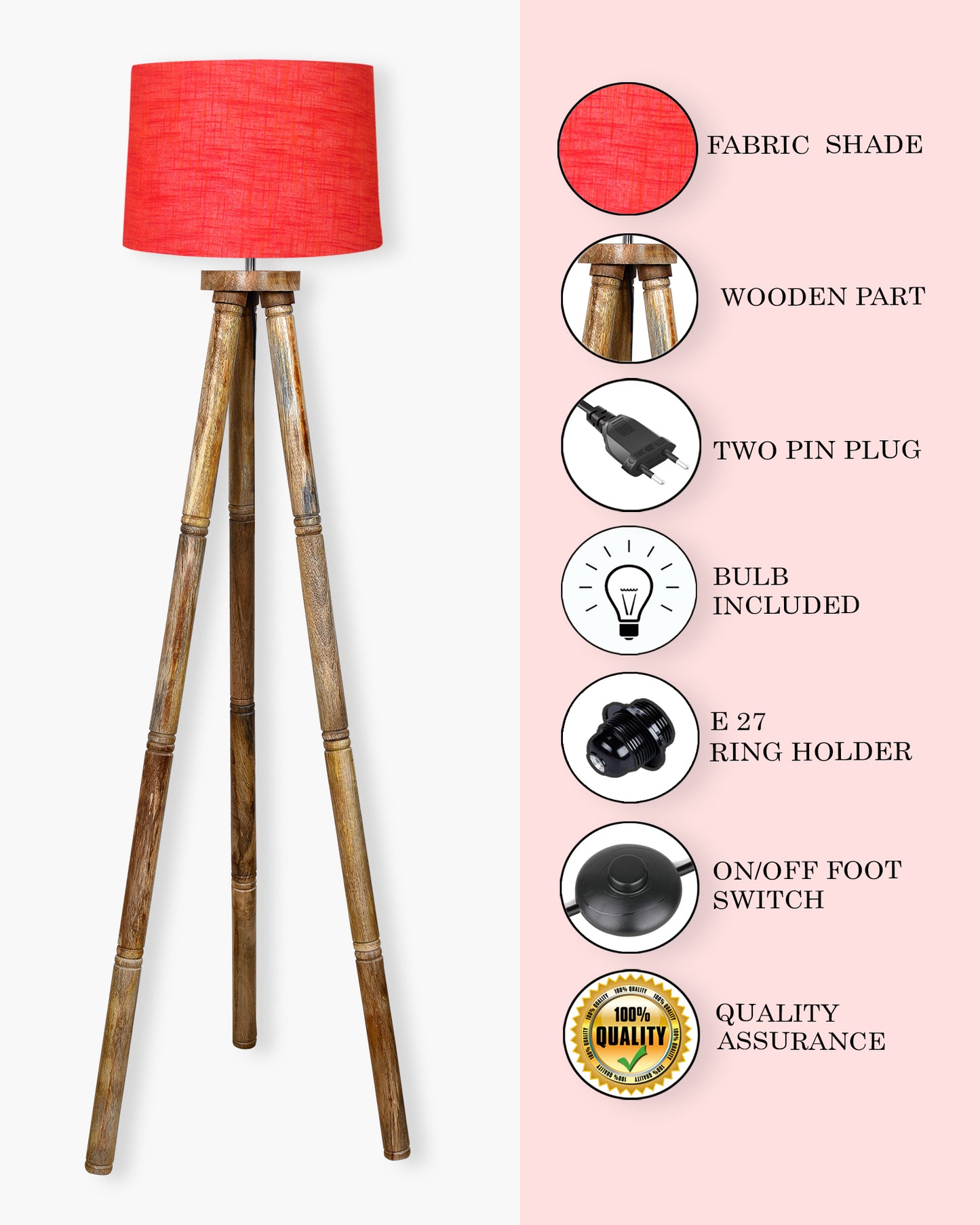 Wood Tripod Floor Lamp, Mid Century Standing Lamp, E27 Lamp Base, With shade Modern Design Floor Reading Lamp for Living Room Bedroom, Study Room and Office