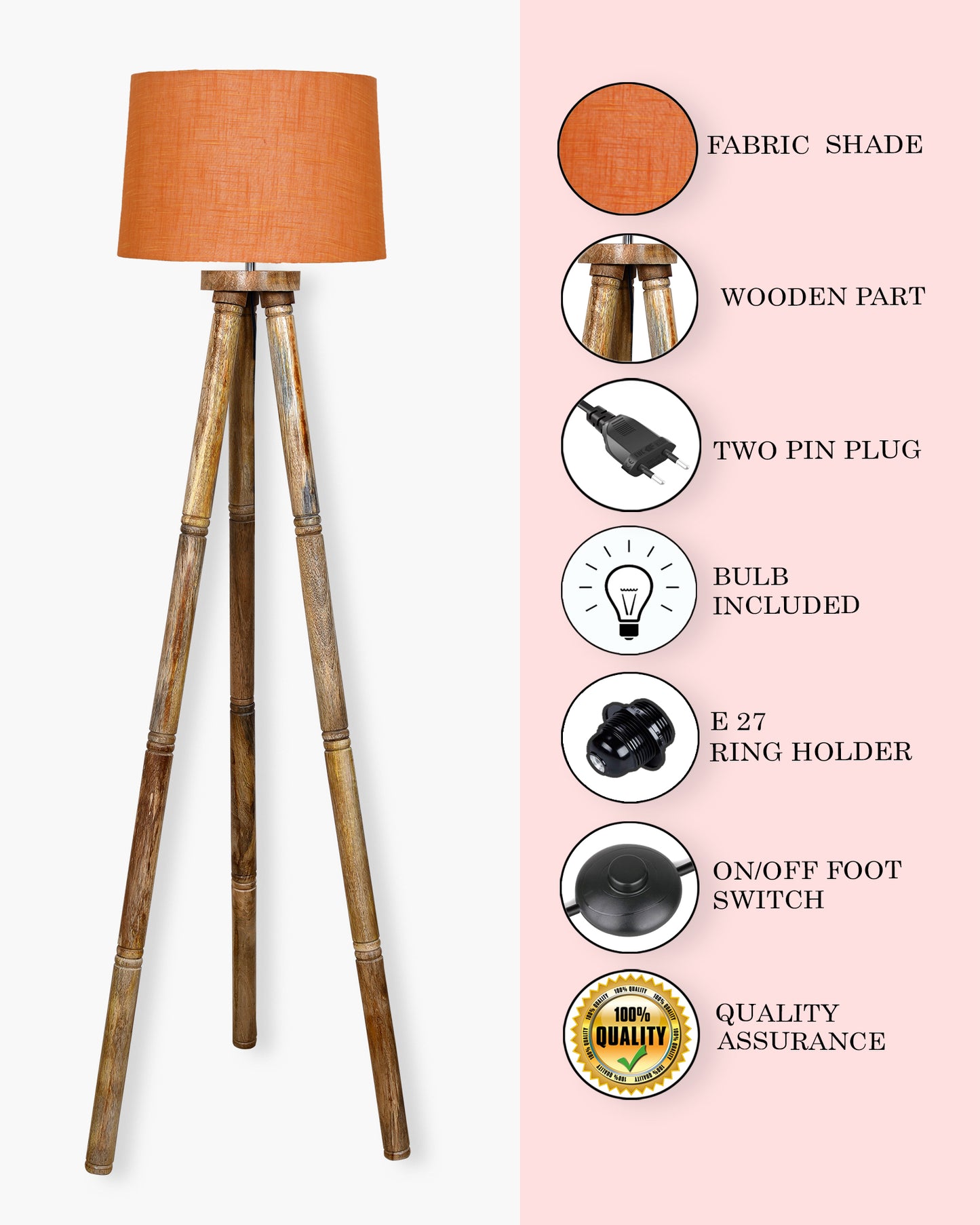 Wood Tripod Floor Lamp, Mid Century Standing Lamp, E27 Lamp Base, With shade Modern Design Floor Reading Lamp for Living Room Bedroom, Study Room and Office