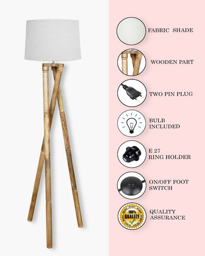 Cross-leg Wood Tripod Floor Lamp, Mid Century Standing Lamp, E27 Lamp Base, With Shade Modern Design Floor Reading Lamp for Living Room Bedroom, Study Room and Office