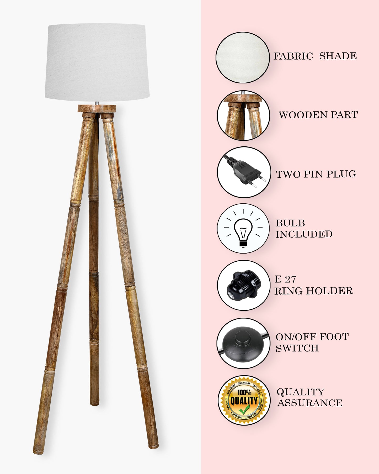Wood Tripod Floor Lamp, Mid Century Standing Lamp, E27 Lamp Base, With shade Modern Design Floor Reading Lamp for Living Room Bedroom, Study Room and Office