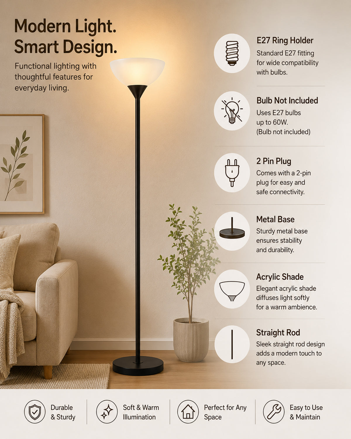 Homesake® Sky Dome Standing Lamps with Acrylic Shade | Modern Floor Lamp for Living Room, Bedrooms, Corner Lamp for Living Room | Standing Lampe (Straight)