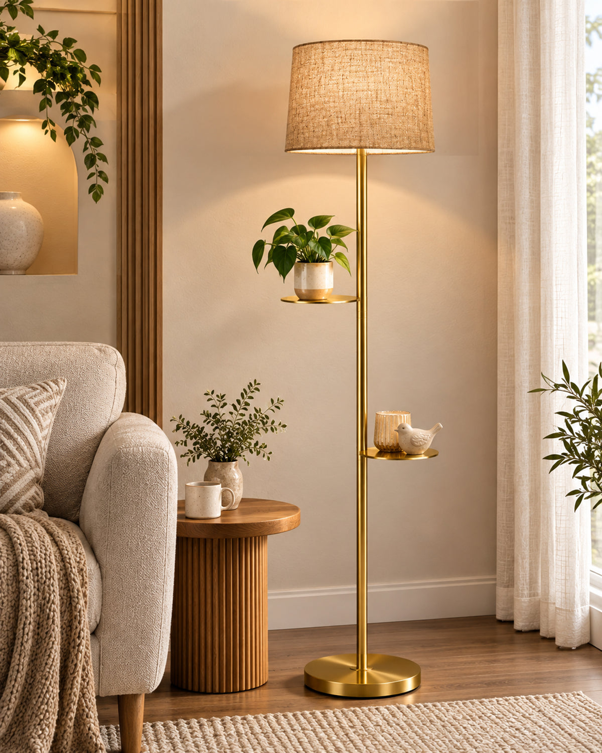 Contemporary Duo Shelf Metal Floor Lamp, Bedside Living room Office Home Decor Lamp, Golden
