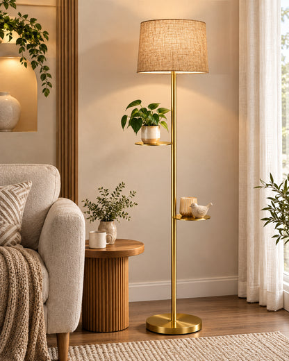 Contemporary Duo Shelf Metal Floor Lamp, Bedside Living room Office Home Decor Lamp, Golden