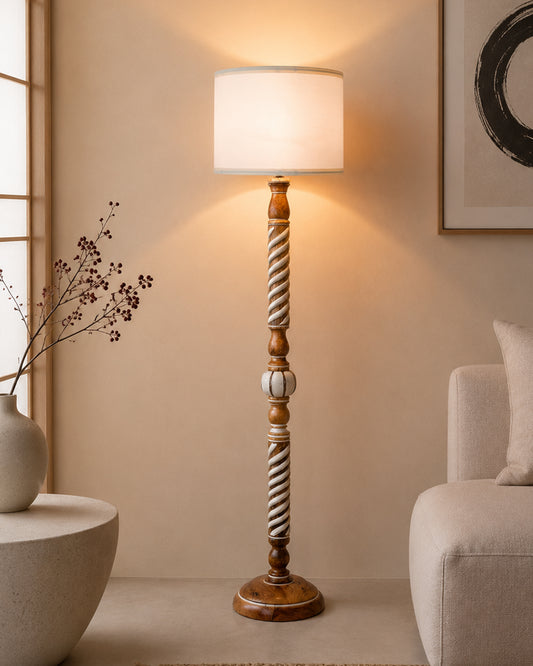 Rustic Wood Floor Lamp in Walnut Brown with Multicolor Fabric Lamp Shade | Light Decoration for Home Corner | Living Room & Bedroom Bedside Floor Lamp, Antique Floor Light, Twisted Ropes, Bird