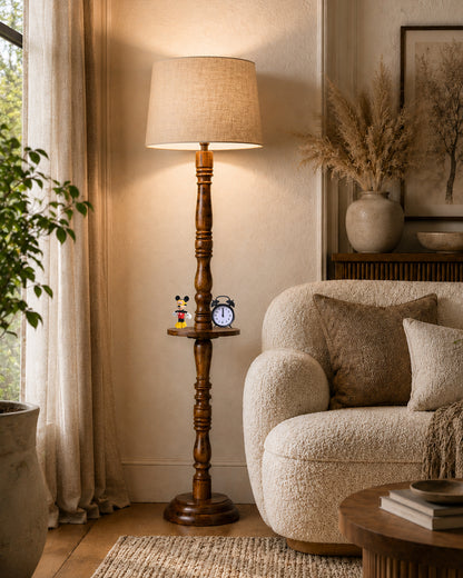 Rustic Wood Floor Lamp in Walnut Brown with Multicolor Fabric Lamp Shade | Light Decoration for Home Corner | Living Room & Bedroom Bedside Floor Lamp, Antique Floor Light, Tray End Table, Bird